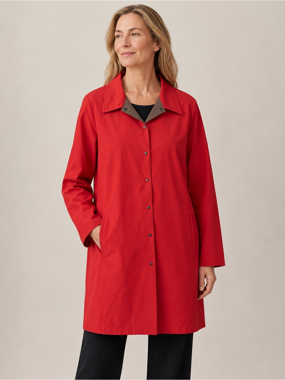 Eileen Fisher Woman Red Snap Trench Coat 1X Minimalist Lagenlook Rain Coat Chic